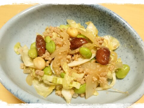 春キャベツと鶏ひき肉とミックスビーンズのサラダ